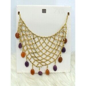 Zara Golden Beaded Bib Necklace SS25 Statement Mesh Gold Orange Purple 4340/002